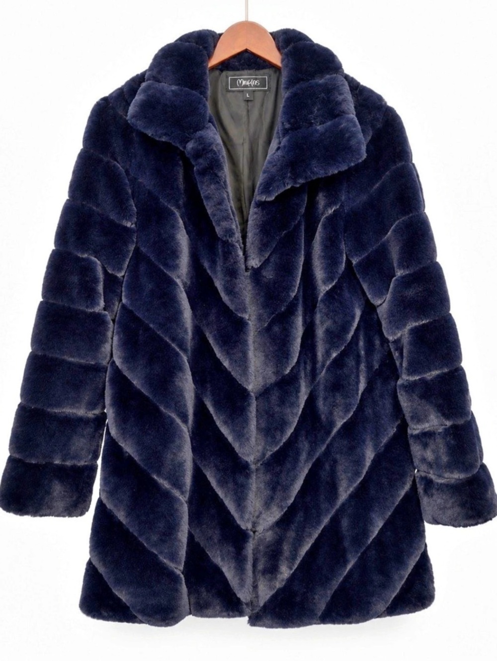 Minkas Navy Blue Chevron Faux Fur Long Coat Jacket Size L